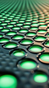 A close-up of circular green lights embedded in a metallic surface, creating a futuristic and technological aesthetic. The pattern and lighting suggest innovation and modern design