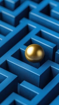 A shiny golden sphere sits atop a complex blue 3D maze, representing strategic thinking, problem-solving, and decision-making. The image conveys concepts of challenge, focus, and innovation