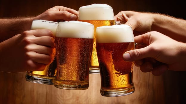 Close-up of four hands holding frothy beer mugs, clinking together against a wooden background. The image captures a moment of celebration and camaraderie, perfect for social gatherings