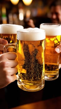 Three hands holding frothy beer mugs in a celebratory toast at a lively bar. The golden beer and bubbles are highlighted, creating a warm and inviting atmosphere perfect for social gatherings