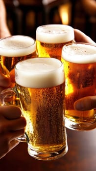 Four hands holding beer mugs in a celebratory toast, showcasing golden, frothy beer. The scene captures a moment of friendship and enjoyment in a warm, inviting pub atmosphere
