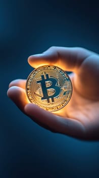 A close-up of a hand holding a glowing Bitcoin coin, representing cryptocurrency and modern finance. The image highlights the concept of digital currency, blockchain technology, and investment opportunities