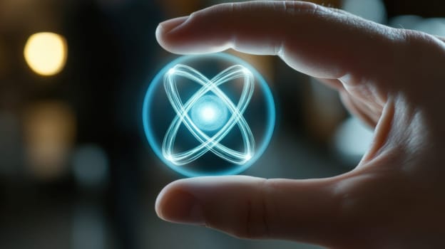 A hand holds a glowing atom symbol, symbolizing innovation in science and technology. The image conveys concepts of energy, research, and futuristic advancements in a visually striking manner