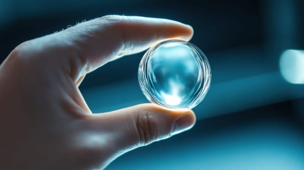 A close-up of a Caucasian male hand holding a transparent glass lens, highlighting the intricacies of optics and light refraction. The blue background adds a modern, scientific feel