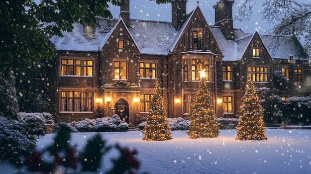 Country manor decorated for Christmas, Merry Christmas holiday idea