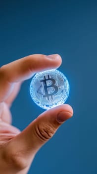 A close-up of a hand holding a glowing digital Bitcoin symbol, representing cryptocurrency and blockchain technology. The image highlights innovation and the future of digital finance