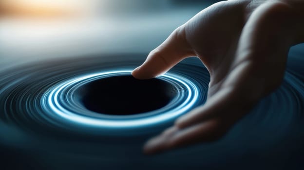 A hand reaches towards a glowing vortex, representing the intersection of technology and innovation. The image conveys a sense of curiosity and exploration, ideal for futuristic and tech-related themes