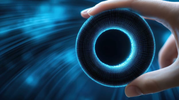 A hand delicately holds a luminous blue ring, symbolizing technology and innovation. The digital background enhances the futuristic theme, suggesting concepts of connectivity and advancement