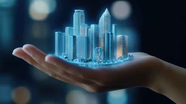 A hand supports a glowing miniature cityscape with modern skyscrapers, representing futuristic urban development and technological advancement. The scene conveys innovation and visionary architecture