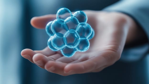A close-up of a hand holding a holographic molecule model, representing scientific innovation and technological advancement. The image conveys concepts of research, future technology, and digital science