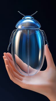 A hand gently holds a transparent glass beetle sculpture, highlighting its delicate design and artistic craftsmanship. The dark background enhances the beetle's reflective surface, creating a striking visual contrast
