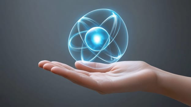 A glowing atomic model hovers above a hand, representing scientific discovery and innovation. The image conveys concepts of technology, energy, and futuristic advancements in a visually striking manner