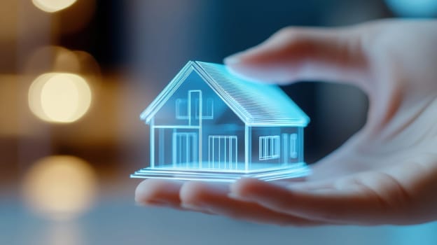A hand holds a glowing holographic house model, representing innovation in real estate technology. The image conveys futuristic concepts in housing, architecture, and digital transformation