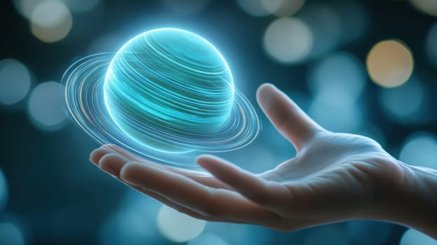A glowing planet with rings floats above an outstretched hand, representing creativity, imagination, and the mysteries of the universe. The blurred background enhances the magical atmosphere