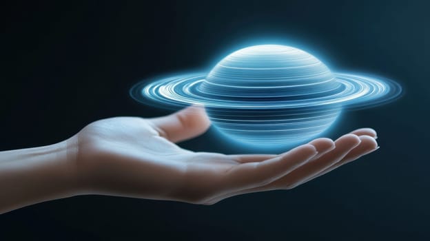 A hand gently cradles a luminous, digital planet with rings, evoking themes of technology, innovation, and the future. The image suggests a blend of human touch and digital advancement