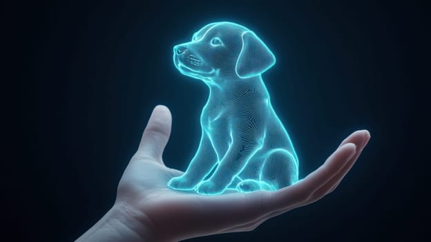 A glowing holographic puppy rests in an open hand, illustrating the fusion of technology and imagination. The digital art style highlights futuristic themes and the potential of virtual reality