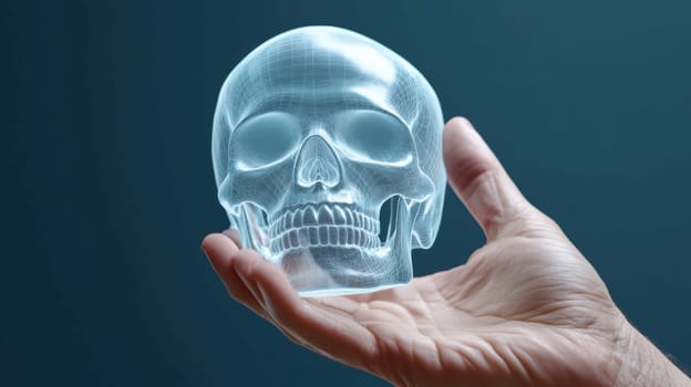 A detailed 3D transparent skull model is held by a Caucasian male hand. The image highlights the intricate design and structure of the skull, set against a contrasting blue background