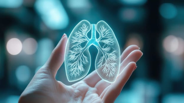 A close-up of a hand holding a digital hologram of human lungs, representing advancements in medical technology and healthcare innovation. The image highlights futuristic concepts in medicine