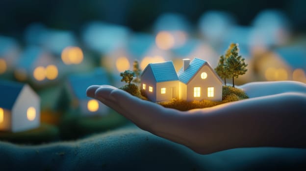 A hand gently cradles a glowing miniature house, representing the concept of home ownership, dreams, and future aspirations. The warm light emanates a sense of comfort and security