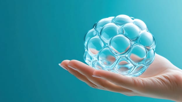 A Caucasian female hand gently holds a transparent, spherical object with a honeycomb pattern. The teal background enhances the futuristic and innovative feel, ideal for technology or design concepts