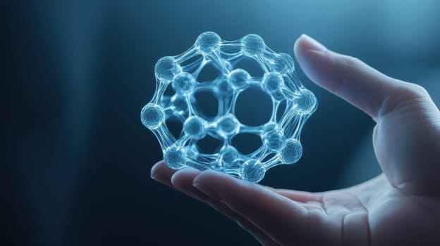 A close-up of a hand holding a molecular structure model, symbolizing scientific research and innovation. The image highlights the intricate design and complexity of molecular science