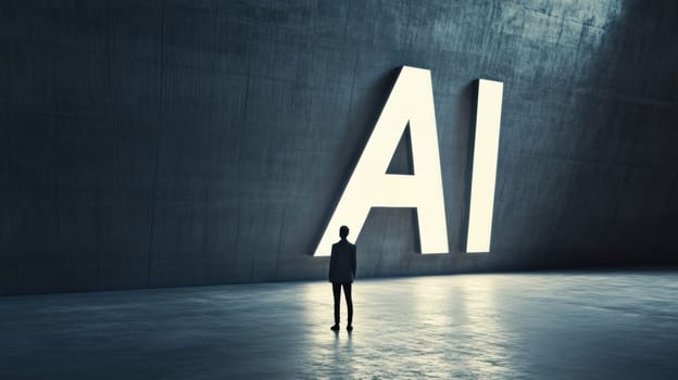 A lone figure stands in front of giant illuminated AI letters, symbolizing the impact of artificial intelligence on modern society. The scene conveys innovation, technology, and future possibilities