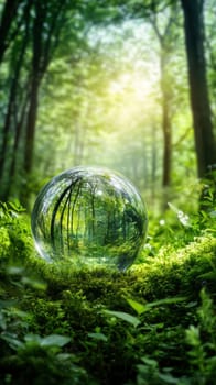 A glass sphere rests on vibrant moss, reflecting a serene forest scene. Sunlight filters through the trees, creating a peaceful and harmonious atmosphere, perfect for themes of nature and reflection