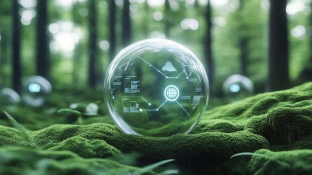 A transparent sphere displaying digital data interfaces hovers over vibrant green moss in a tranquil forest setting. The image blends technology with nature, symbolizing innovation and sustainability
