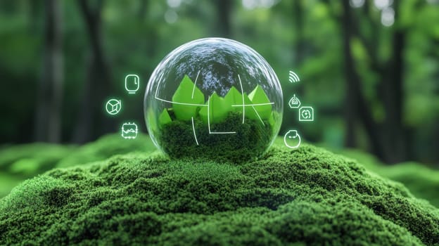 A transparent globe with digital icons symbolizes eco-friendly technology on vibrant green moss. The image highlights sustainability, innovation, and the integration of technology with nature