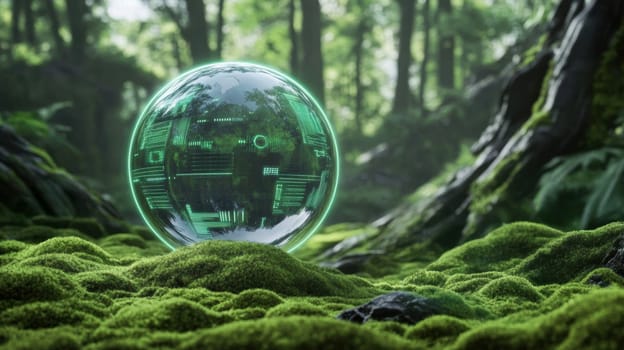 A glowing digital sphere with green interfaces floats above a mossy forest floor, merging technology and nature. The serene woodland backdrop highlights the contrast between the digital and natural worlds