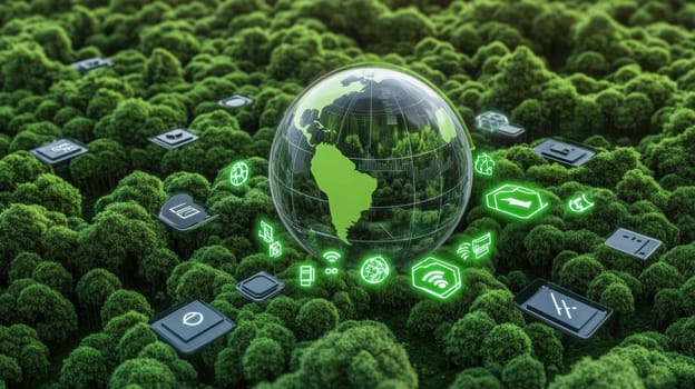 A transparent globe with digital icons floats above a dense forest, representing the integration of technology and environmental sustainability. The image highlights eco-friendly innovation and global connectivity