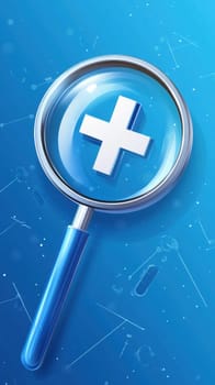 A magnifying glass with a blue handle highlights a white plus sign against a blue background. The image conveys themes of search, discovery, and positivity, ideal for technology or medical concepts