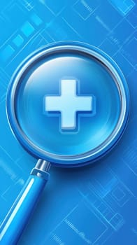 A magnifying glass highlights a medical cross symbol, set against a blue digital background. This image represents healthcare, technology, and medical research concepts