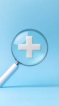 A magnifying glass highlights a white medical cross on a blue background, symbolizing healthcare, medical research, and analysis. Ideal for concepts related to health, medicine, and diagnostics