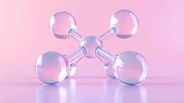 A 3D rendering of a molecular structure featuring transparent spheres connected by rods, set against a soft pink backdrop. Ideal for scientific, educational, or design purposes