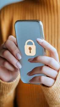 A Caucasian woman holds a smartphone displaying a lock icon, symbolizing digital security and privacy. The image highlights the importance of protecting personal information in a connected world
