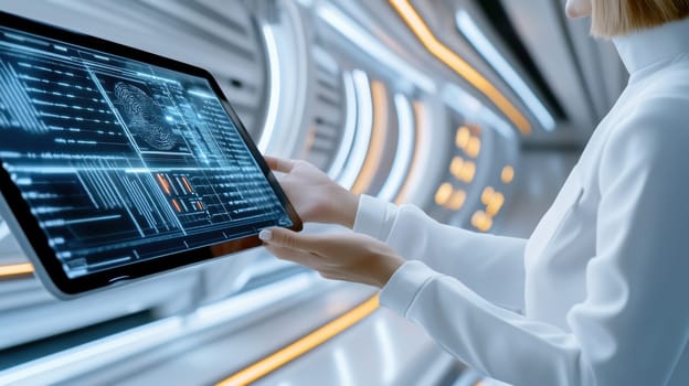 A Caucasian woman interacts with a digital tablet in a sleek, futuristic setting. The scene highlights advanced technology and innovation, emphasizing the seamless integration of digital interfaces