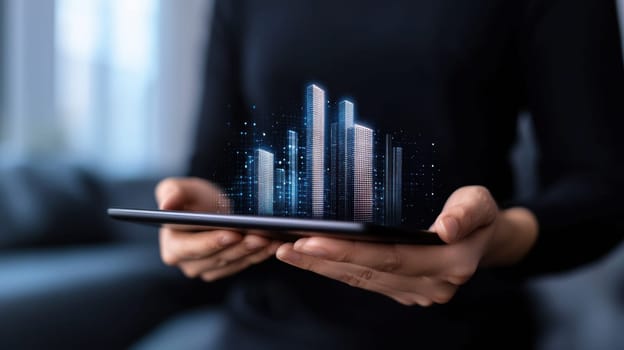 An Asian woman holds a tablet projecting a futuristic cityscape hologram. The image symbolizes technology, innovation, and digital transformation in urban planning and architecture