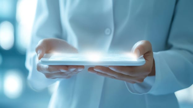 A white female in a lab coat holds a glowing tablet, representing innovation and futuristic technology. The image conveys themes of digital advancement and modern scientific exploration