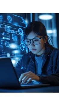 A young Asian woman wearing glasses is focused on her laptop, surrounded by a digital interface with holographic elements. The setting suggests a high-tech environment, ideal for technology and innovation themes