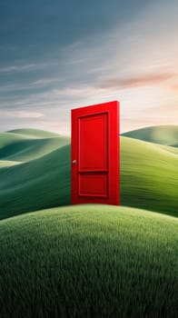A striking red door is set against rolling green hills and a colorful sky, creating a surreal and inviting scene. The image evokes themes of opportunity, mystery, and new beginnings