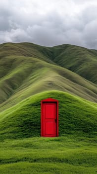 A vibrant red door contrasts with rolling green hills, evoking mystery and curiosity. The cloudy sky adds drama, enhancing the surreal and dreamlike quality of the scene