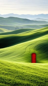 A striking red door contrasts with lush green hills, evoking mystery and imagination. The serene landscape and distant mountains enhance the dreamlike quality, inviting exploration and wonder