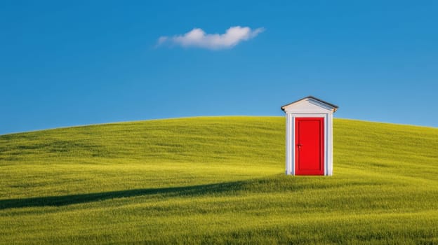 A vibrant red door contrasts with the rolling green hill and bright blue sky, creating a surreal and whimsical scene. The isolated door invites curiosity and imagination in a serene landscape
