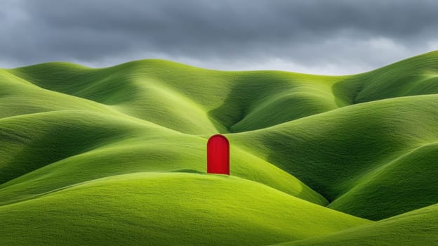 A striking red door contrasts with lush green hills, creating a surreal landscape. The overcast sky adds drama, enhancing the vivid colors and unique composition of this imaginative scene