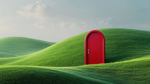A vibrant red door contrasts with lush green hills, creating a surreal landscape. The scene evokes mystery and curiosity, inviting viewers to imagine what lies beyond the door in this tranquil setting