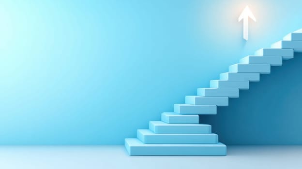A minimalist image of a staircase ascending towards a glowing arrow, set against a blue backdrop. This concept art represents growth, progress, and the journey towards success