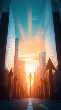 A dynamic cityscape with upward arrows represents growth, progress, and ambition. The sunrise adds a hopeful and inspiring atmosphere, ideal for concepts of success and future potential