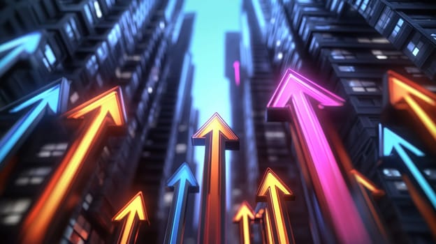 Dynamic arrows in bright colors ascend amidst towering skyscrapers, representing business growth, progress, and innovation. The image conveys a sense of upward momentum and urban development