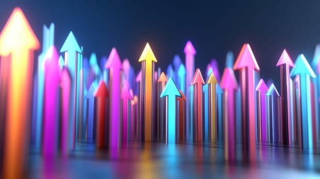 Vibrant 3D arrows in various colors point upwards, representing growth, progress, and success. The dynamic composition and glowing effects create a futuristic and optimistic atmosphere, ideal for business and technology themes